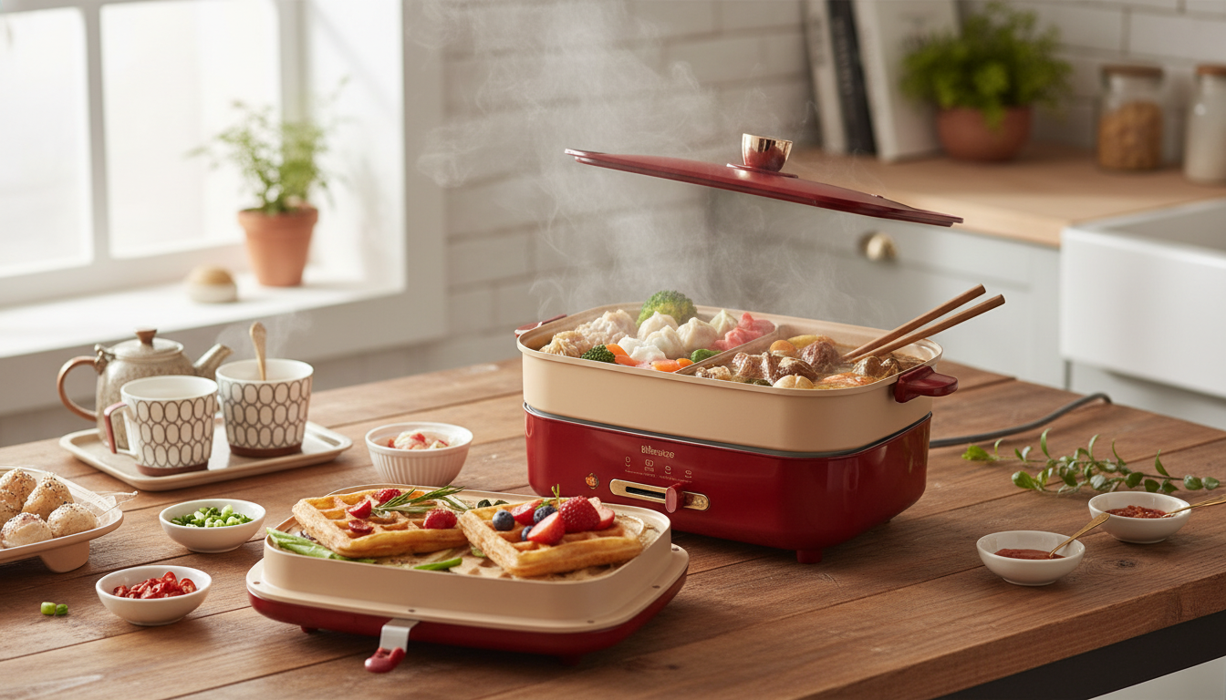 Waffle, Hot Pot & Steamer Cooker: 3-in-1 Countertop