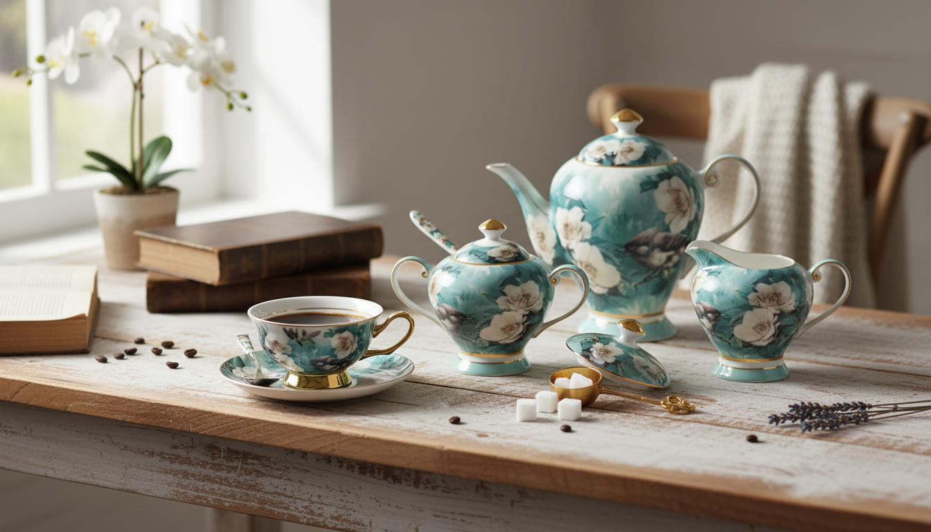 Bone China Coffee Set: Cups, Saucers & Sugar Jar