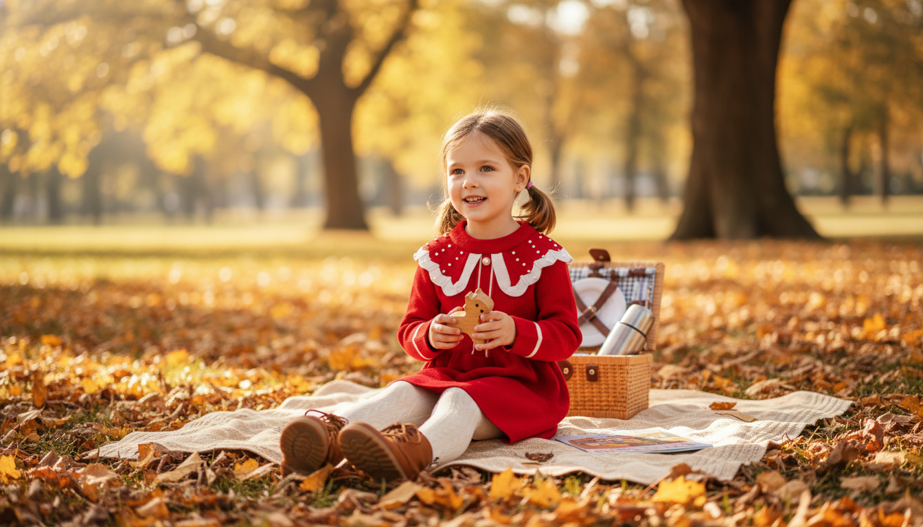 Autumn Red Knit Pearl Dress for Girls: Cozy & Photo-Ready